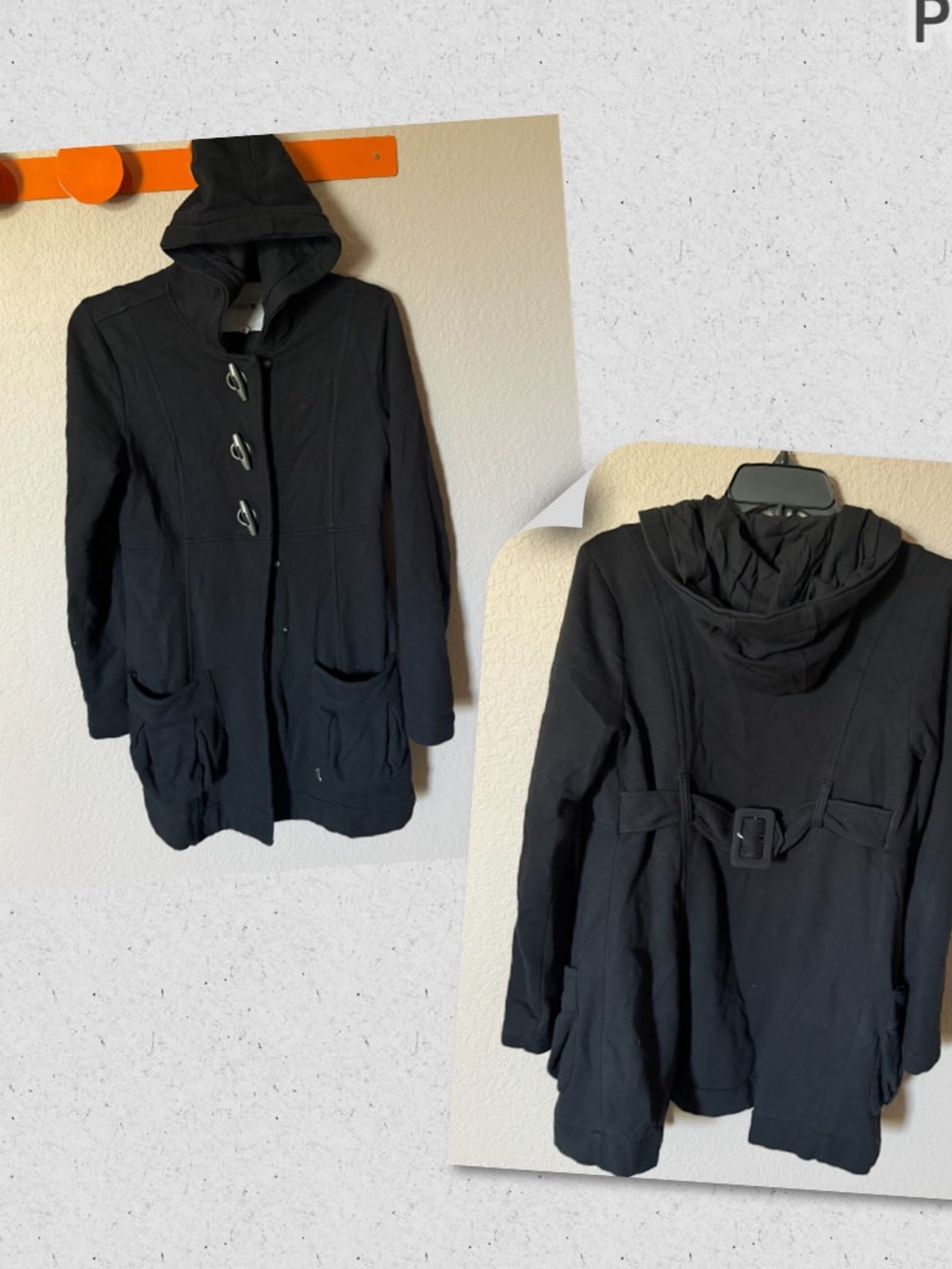 HURLEY Women Juniors Small Black Hooded Coat Jacket Medium Length Pockets